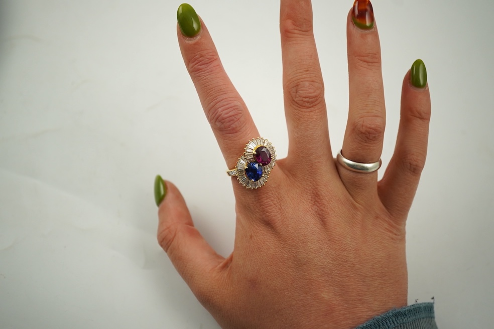 A ruby, sapphire and diamond 'toi et moi' ring
